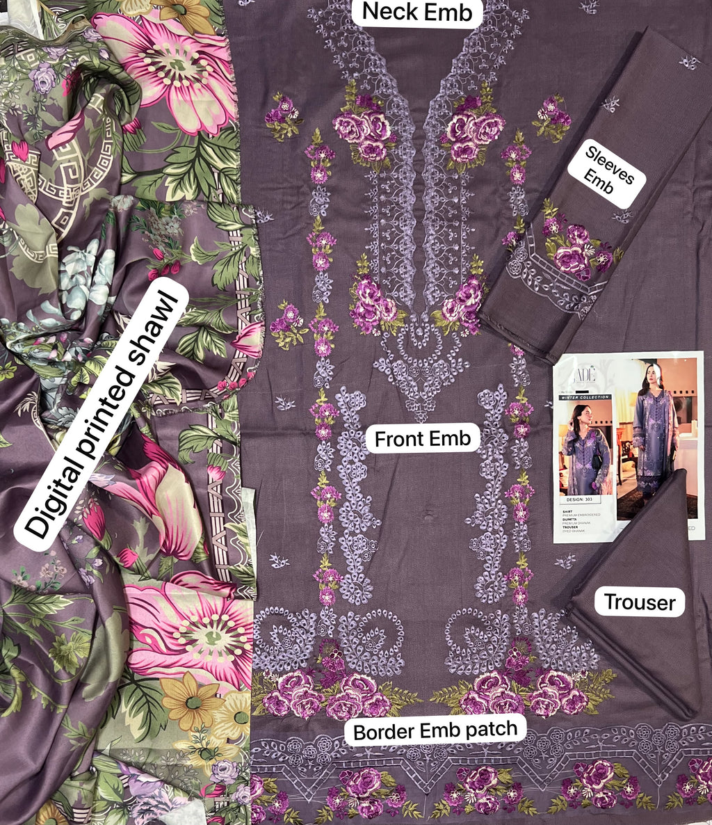 Jade Winter Collection 2026 | 3 Pcs Embroidered Dhank Suit with Digital Printed Shawl – Code 120P12D