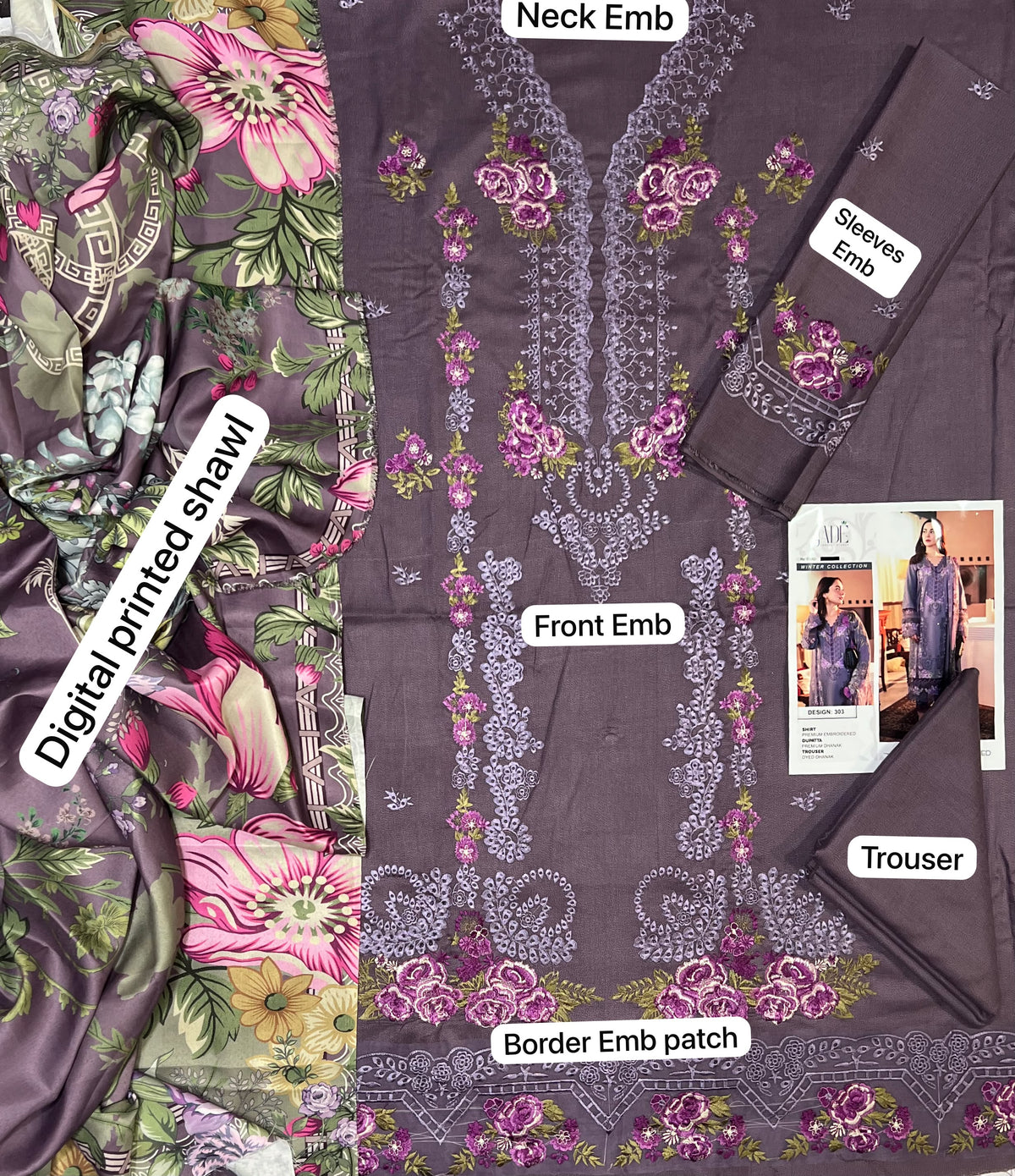 Jade Winter Collection 2026 | 3 Pcs Embroidered Dhank Suit with Digital Printed Shawl – Code 120P12D
